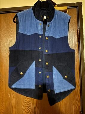 NWOT Sun & Stone Blue Cordoroy Cotton Colorblock Button Down Puffer Vest